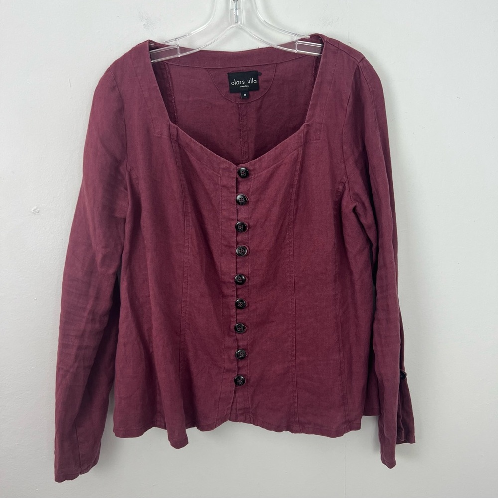 Olars Ulla 100% Linen Button Top Burgundy